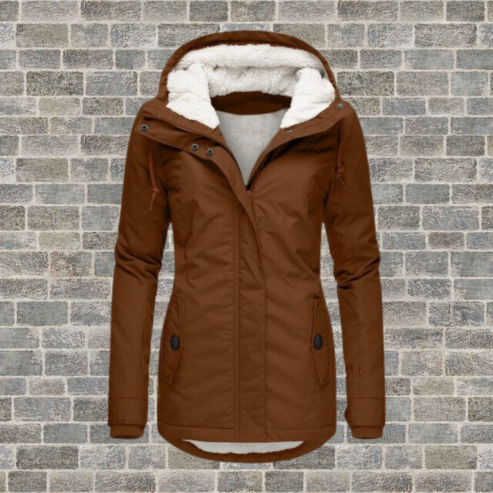 Cozy women's hooded winter jacket, pleated design provides warmth and elegant style for cold weather.