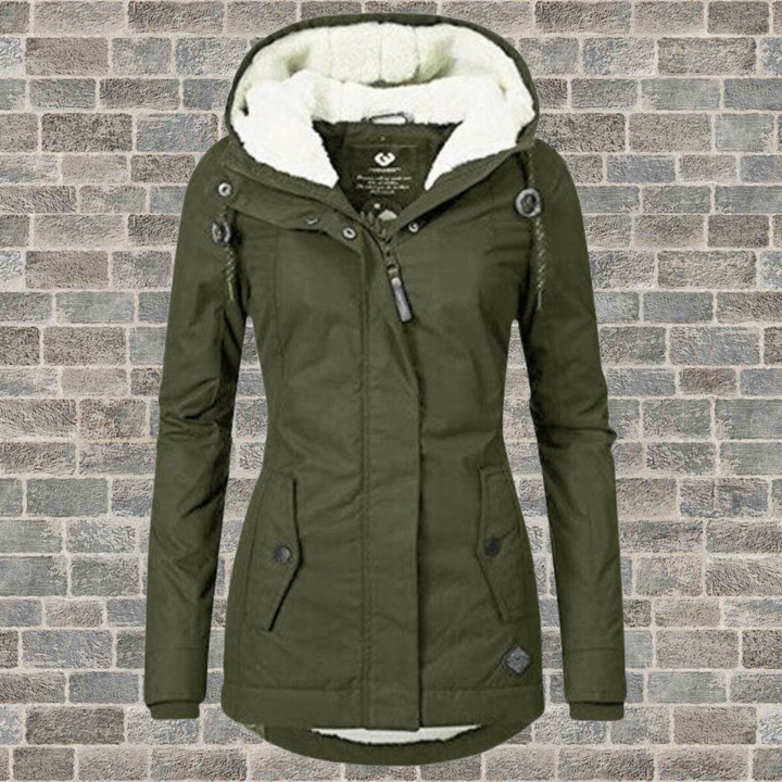 Women's elegant pleated winter jacket with a detachable hood, warm and fashionable for cold weather wear.