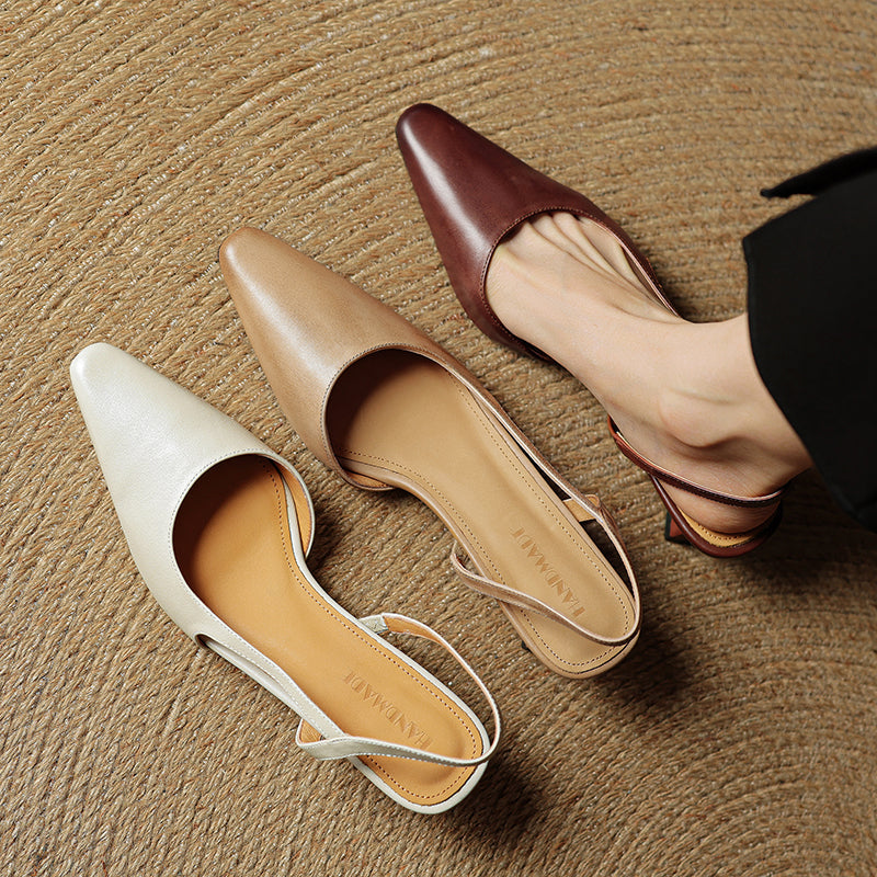 Women's elegant pointed toe heels in brown, beige, and cream. Classic comfortable dress footwear.