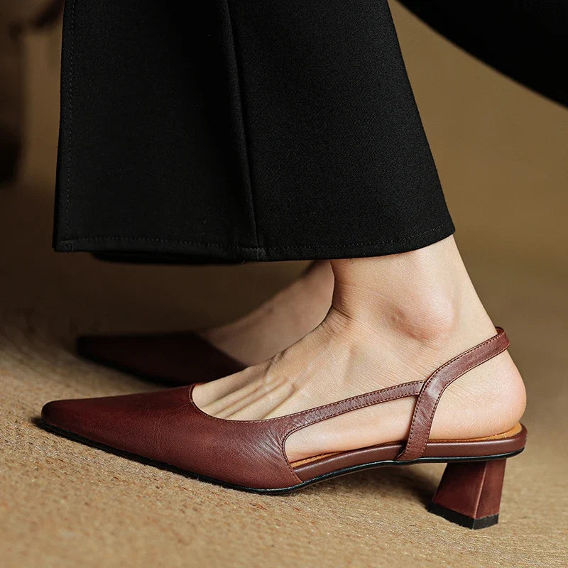 Stylish brown women's pointed toe heels. Comfortable low heel for office or elegant events.