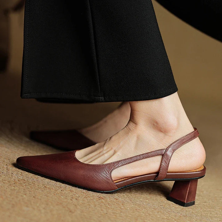 Stylish brown women's pointed toe heels. Comfortable low heel for office or elegant events.