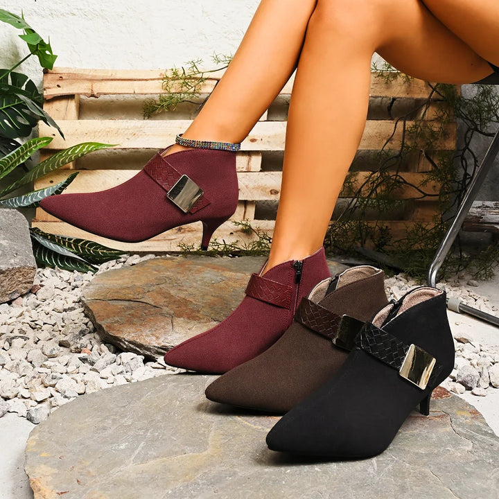Women's elegant pointed toe heels, comfortable dress shoes with a slim heel & metallic buckle.