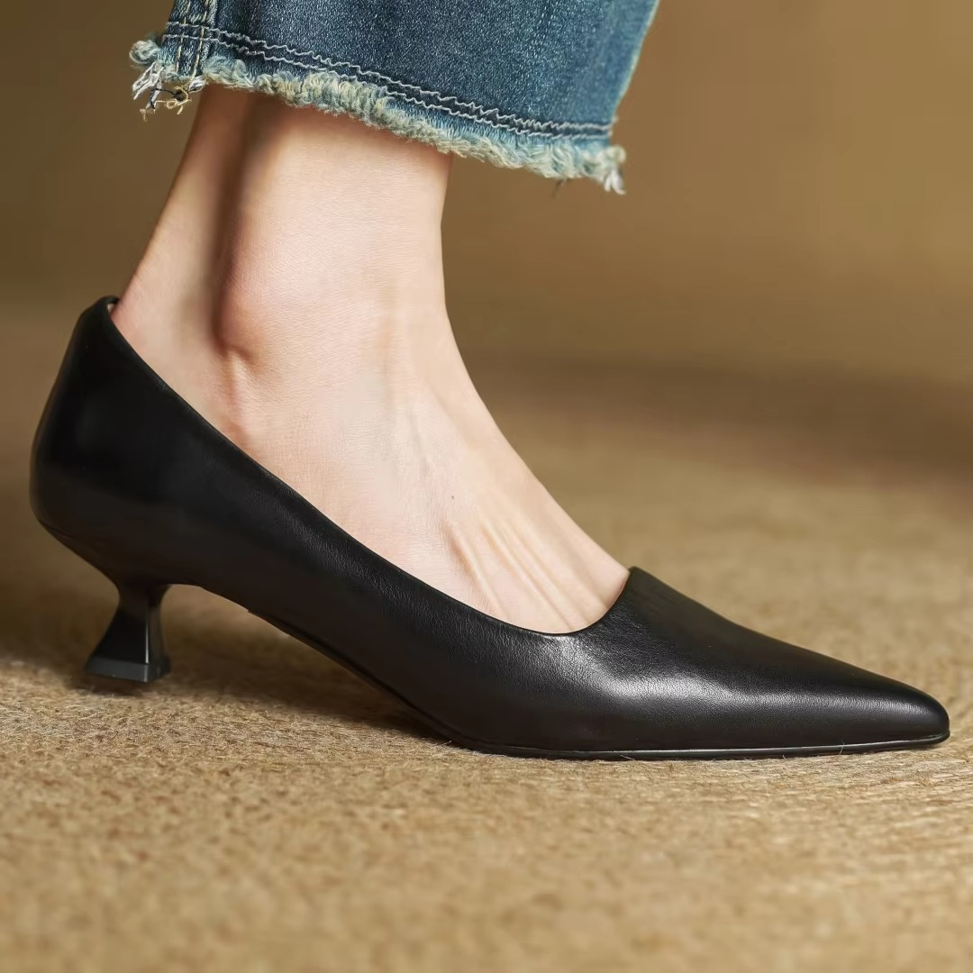 Brown women's elegant pointed-toe thin heel pumps, perfect for sophisticated office attire.