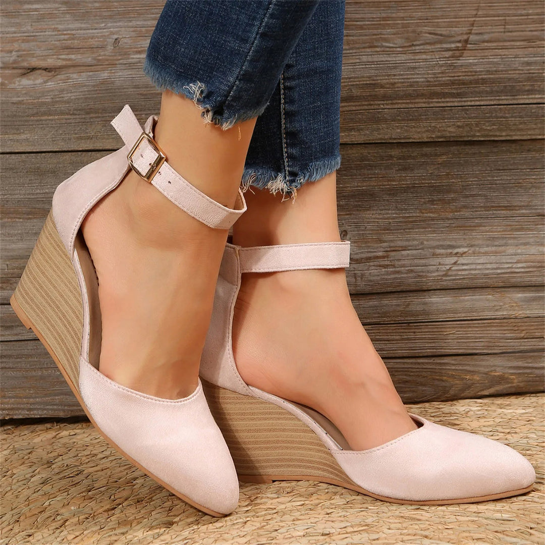 Comfortable women's pointed toe wedge heels, versatile for day-to-night wear, featuring a chic ankle strap.