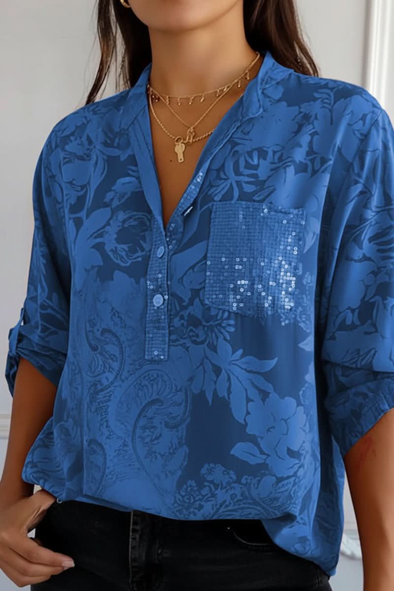 Stylish & comfortable women's printed button-up blouse, long sleeve with front pocket for everyday fashion.