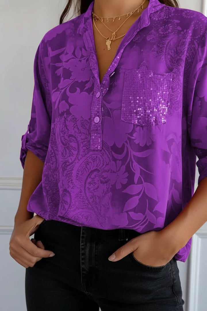 Work-friendly women's elegant printed blouse, long sleeve with a front pocket, a chic and stylish top.