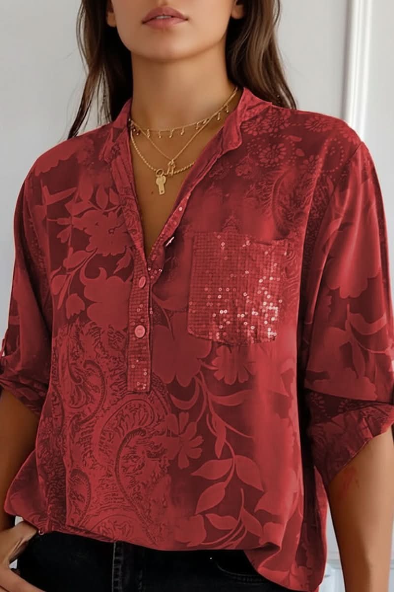 Elegant women's button-up printed blouse with long sleeves and a front pocket, suitable for work & casual.