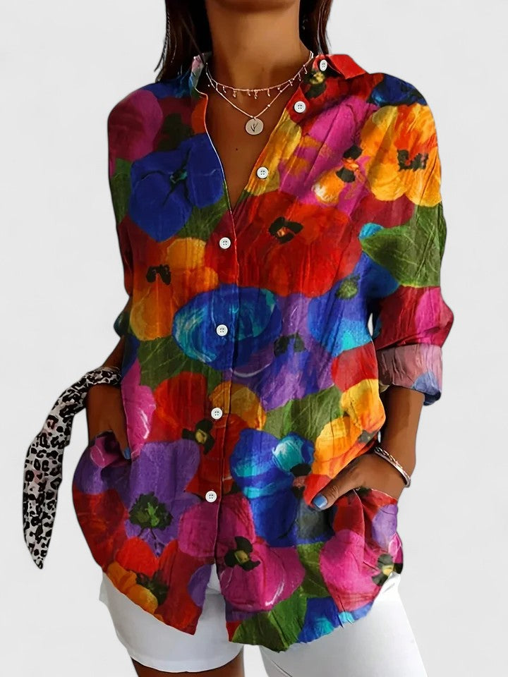 Chic women's printed blouse with an elegant, versatile pattern. Vibrant ladies' apparel for sophisticated style.
