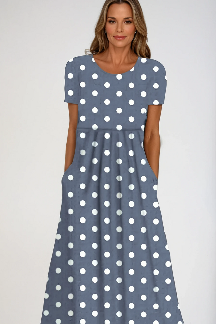 Long printed maxi dress for women, an elegant and modest evening gown. Ideal for parties and special occasions.