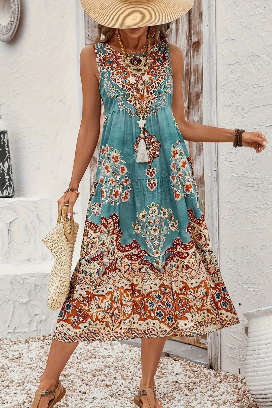Beautiful women's printed maxi dress, elegant design for summer parties and spring fashion.