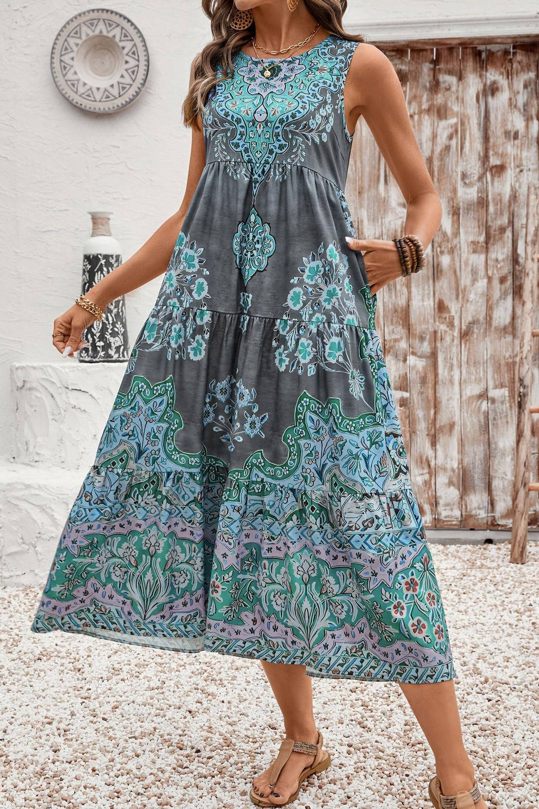 Stylish women's printed summer maxi dress, elegant and comfortable for warm weather fashion.
