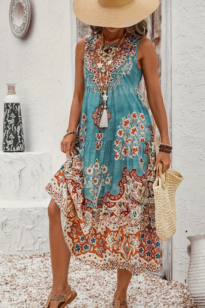 Modest yet elegant women's long printed maxi dress, perfect for chic spring & summer events.