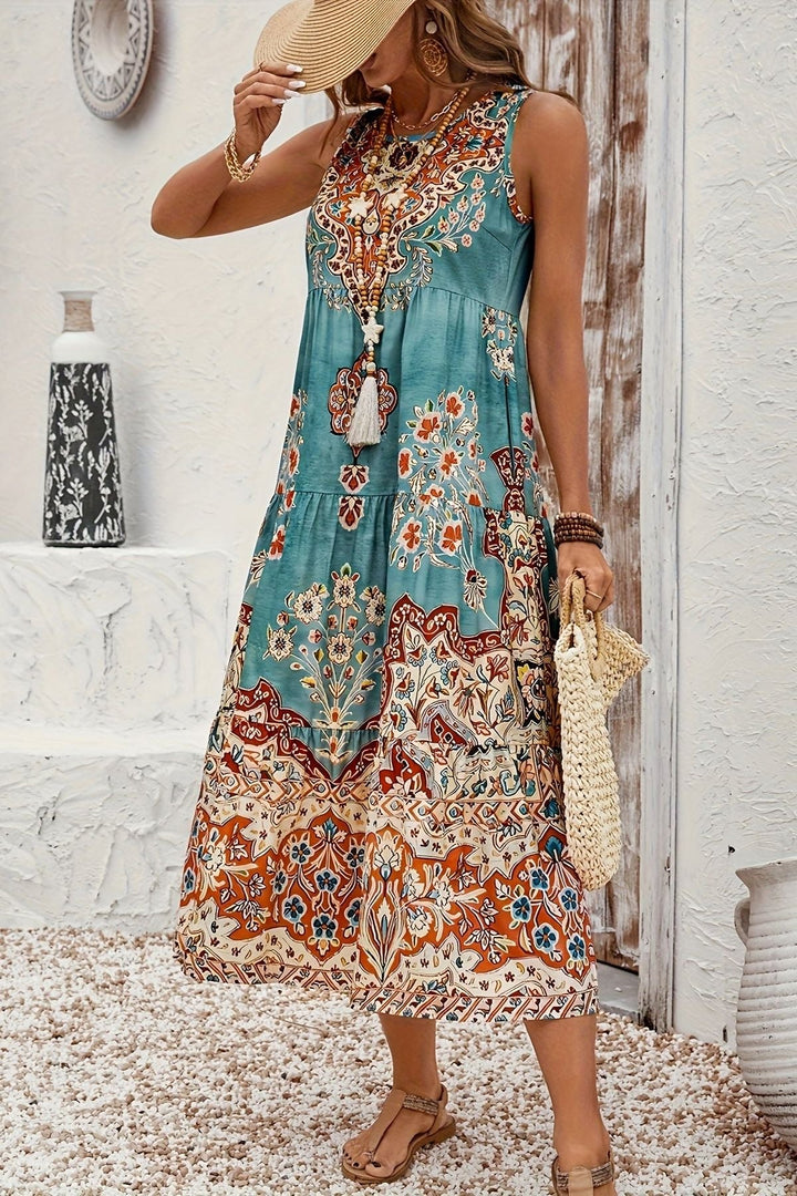 Vibrant patterned women's elegant maxi dress, a comfortable choice for spring and summer occasions.