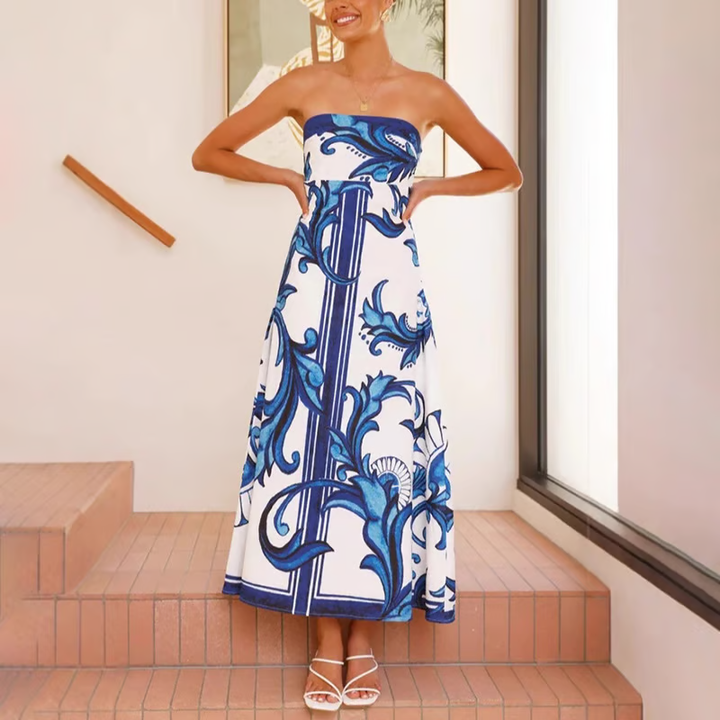 Comfortable women's printed maxi dress with flowy short sleeves, a versatile elegant summer dress option.