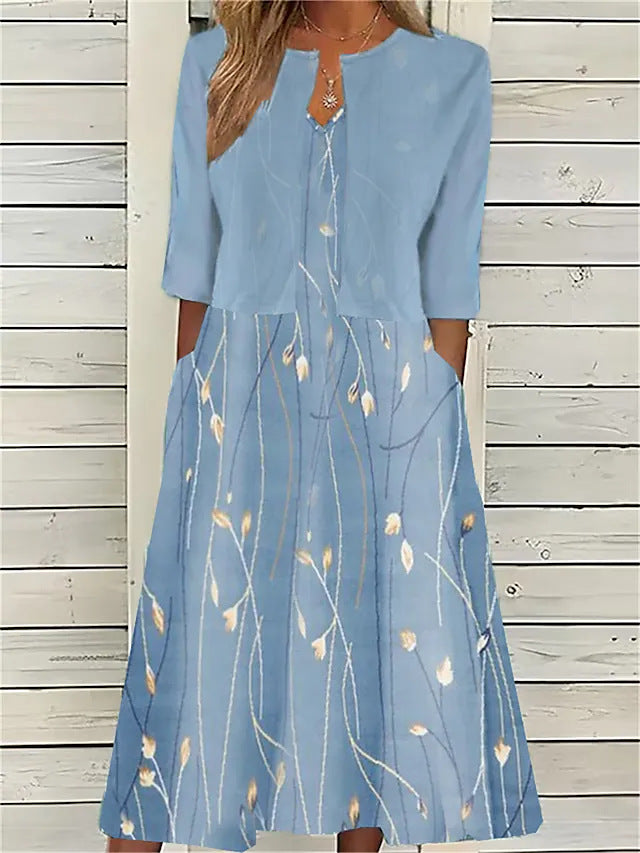 Elegant women's printed midi dress & matching 3/4 sleeve cover-up set, perfect for spring/summer occasions.