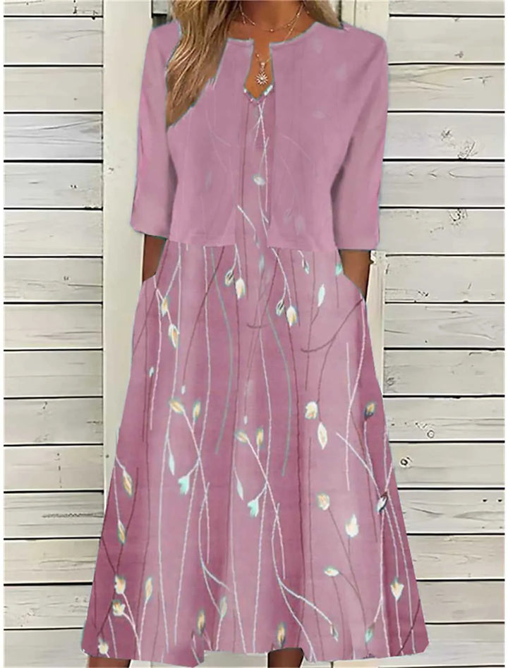 Chic 2-piece women's outfit: printed fit-and-flare midi dress with a coordinating 3/4 sleeve cover-up. Versatile.