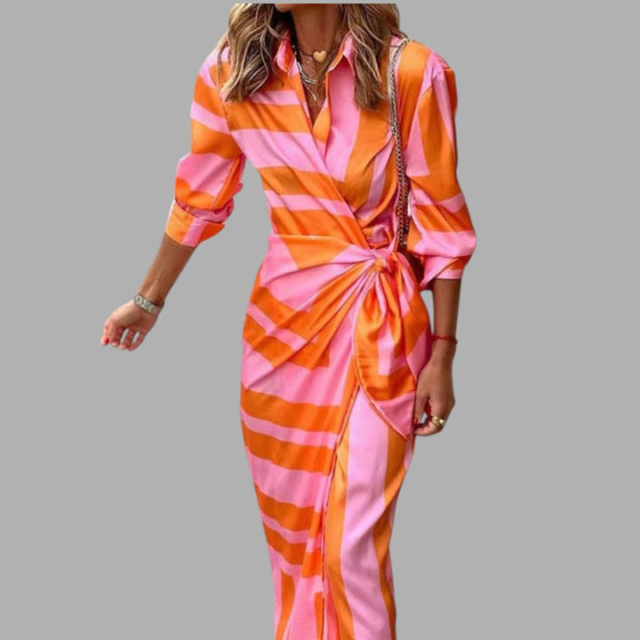 Elegant women's printed midi dress with floral pattern, perfect for semi-formal occasions, comfortable spring/summer style.