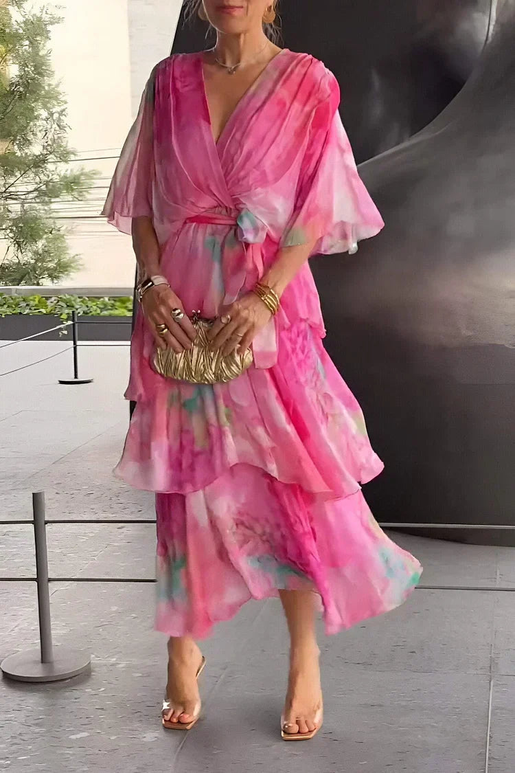 Women's printed tiered wrap midi dress, long sleeve. Elegant evening, gala, party, formal, wedding guest attire.
