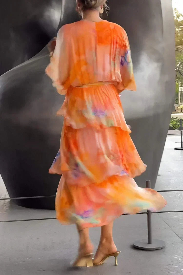 Unique printed tiered wrap dress for women, long sleeve. A chic midi evening gown, perfect for summer wedding guests.