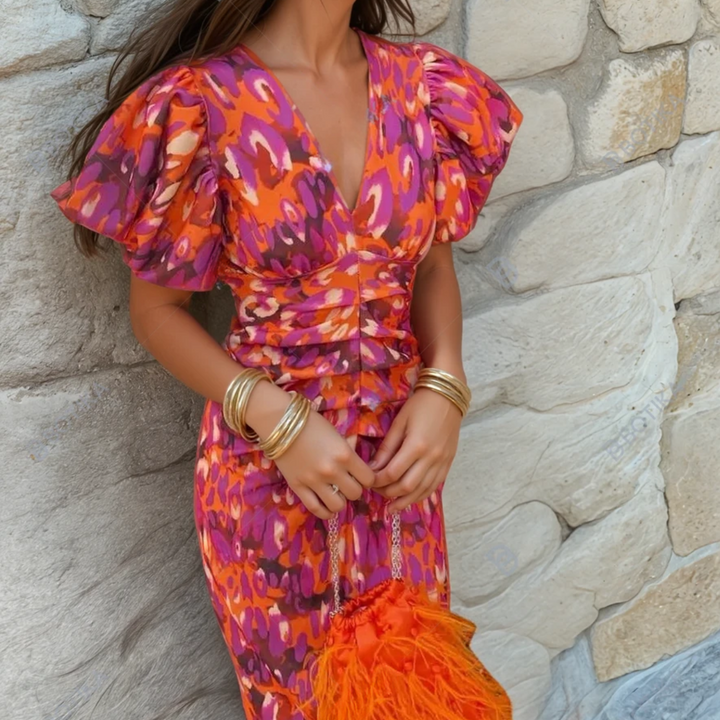 Elegant women's printed V-neck midi wedding guest dress with puff sleeves and ruched bodice, perfect for special occasions.