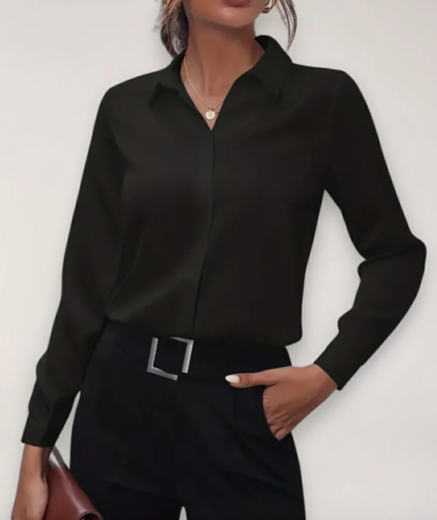 Elegant women's professional long-sleeve buttoned office blouse for business casual work attire.