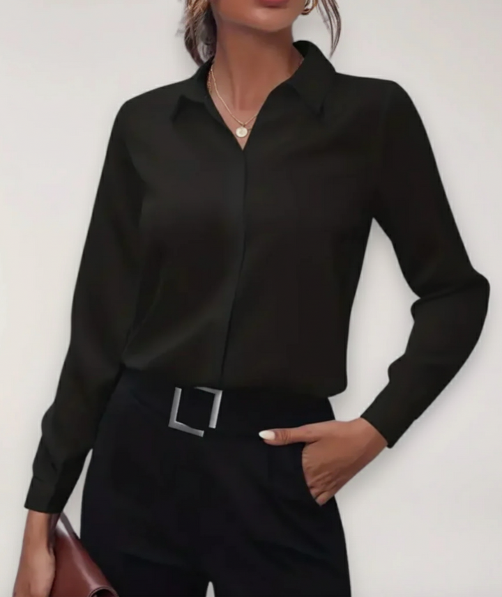 Elegant women's professional long-sleeve buttoned office blouse for business casual work attire.