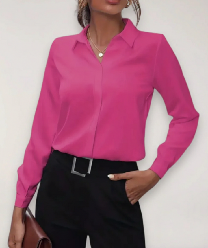 Women's buttoned long-sleeve professional shirt, ideal for elegant office wear & versatile work looks.