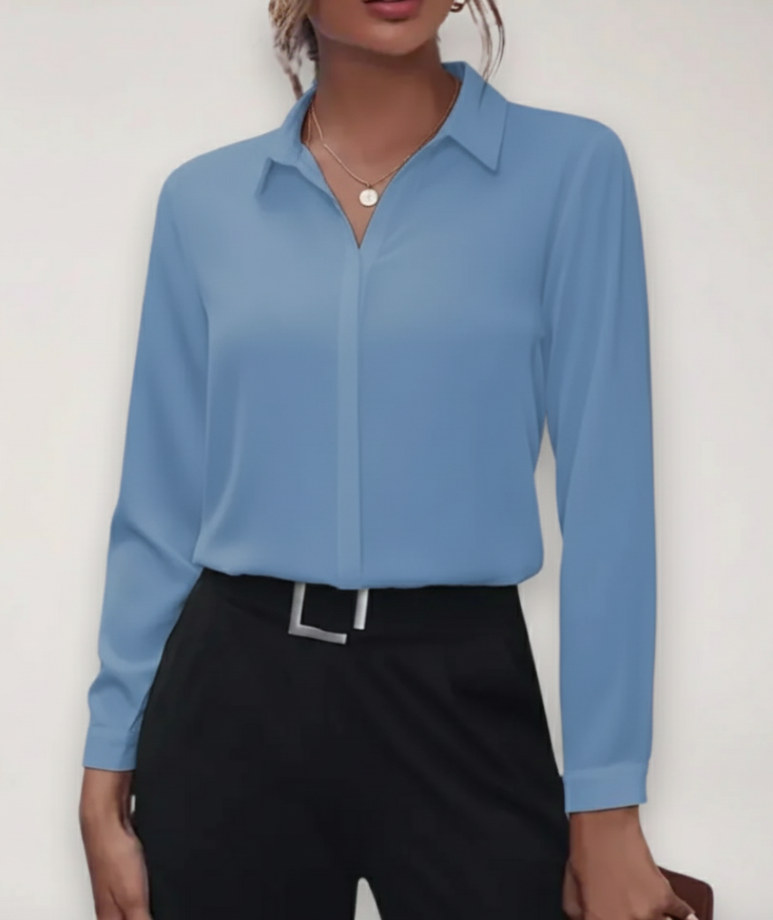 Elegant women's professional long-sleeve top, a perfect buttoned blouse for business casual office wear.