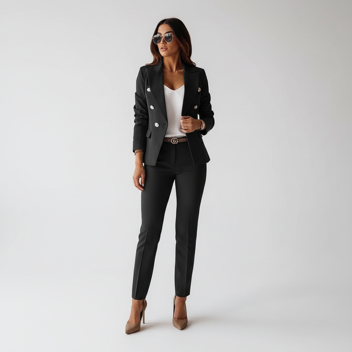 Close-up of a women's two-piece blazer set, highlighting the fabric and professional design