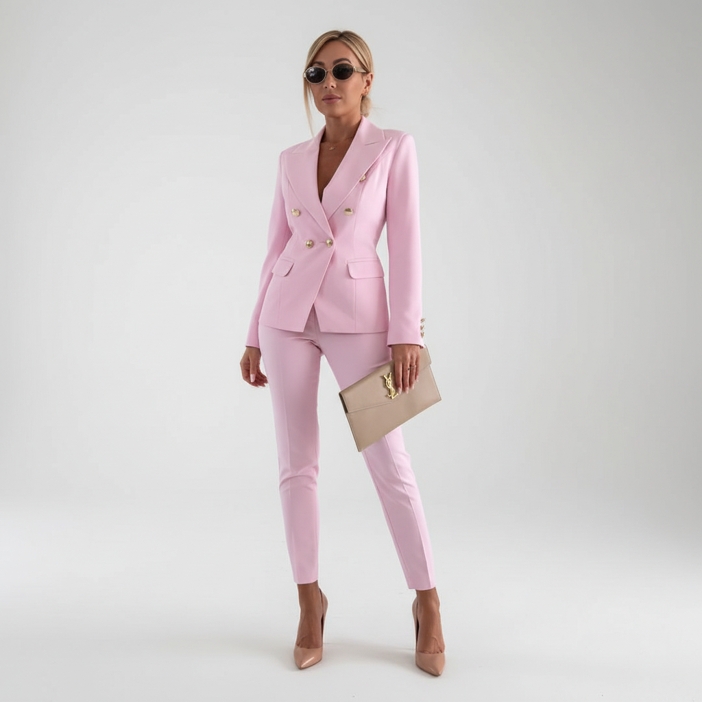 Back view of a women's professional two-piece slim-fit blazer and pants outfit for work