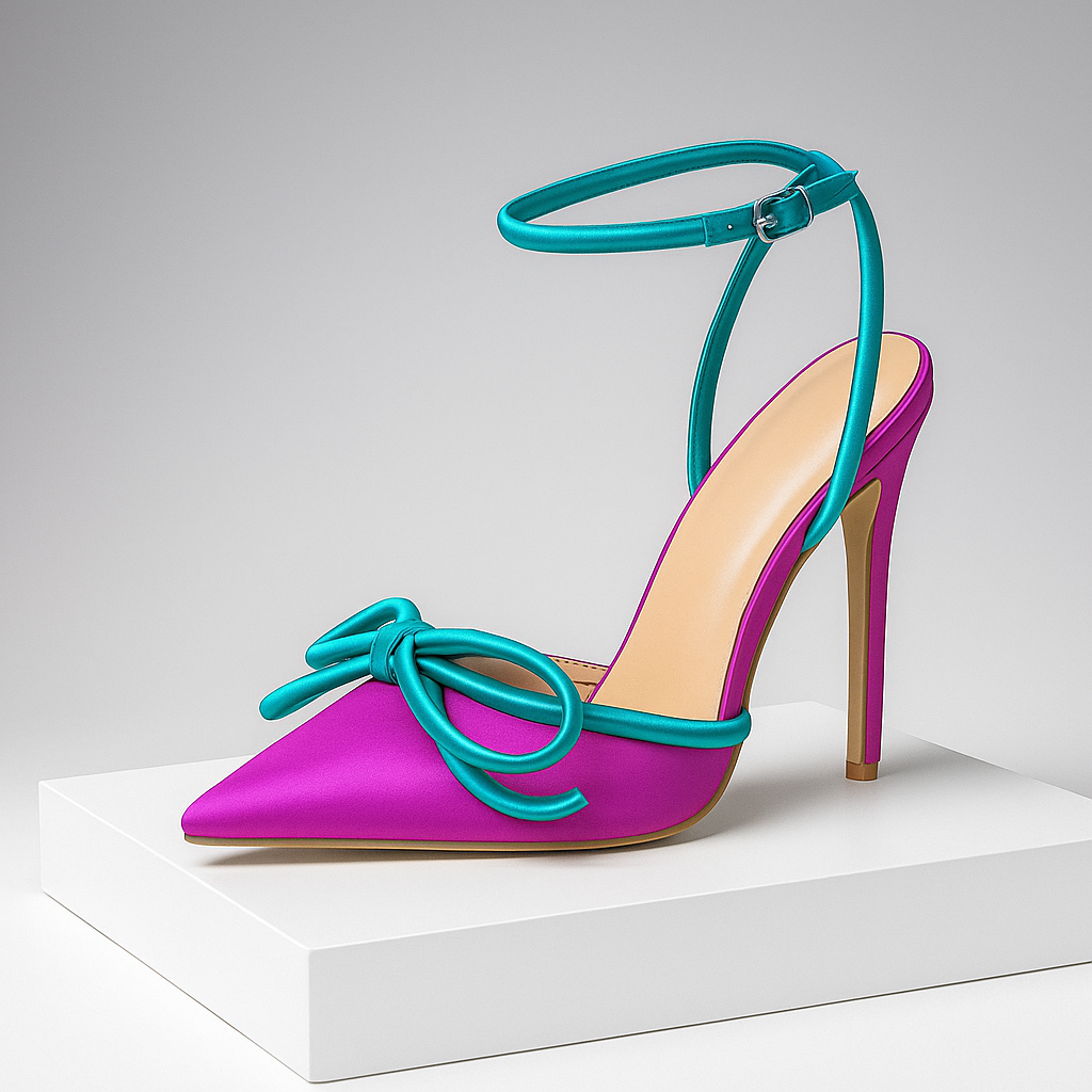 Elegant women's purple bow stiletto heels with ankle strap, pointed toe, perfect for parties & formal events.