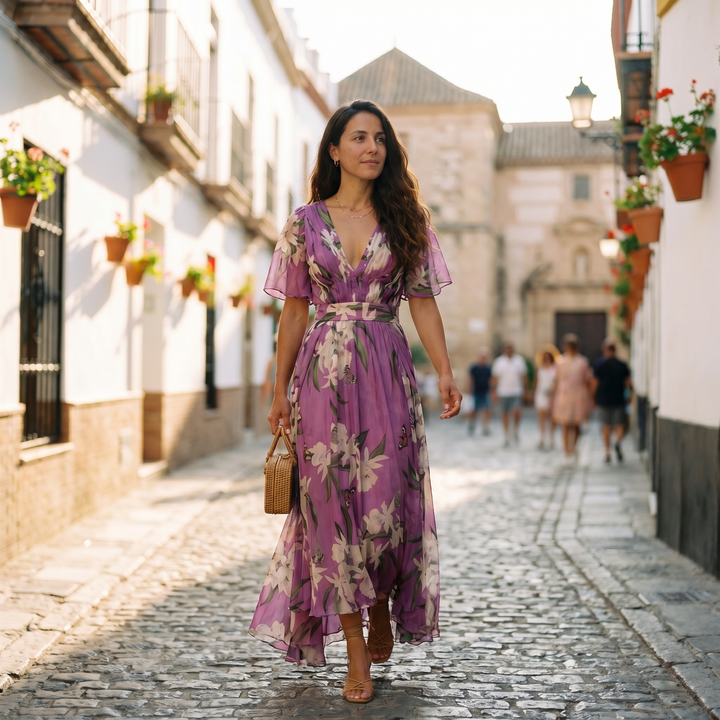 Elegant women's purple floral maxi dress with flattering V-neck and flowing sleeves, perfect for spring/summer occasions.
