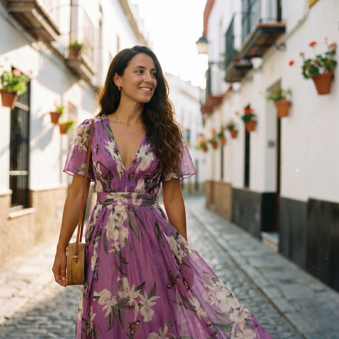 Women's long floral maxi dress in purple featuring a V-neck and flowing sleeves, ideal for elegant party wear.