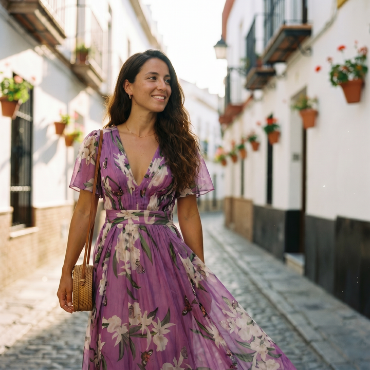 Women's long floral maxi dress in purple featuring a V-neck and flowing sleeves, ideal for elegant party wear.