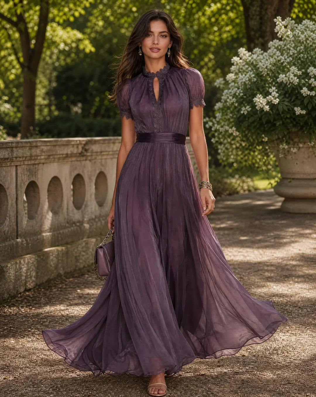 Elegant women's purple floral pleated long sleeve maxi evening dress, perfect for formal occasions & special events.