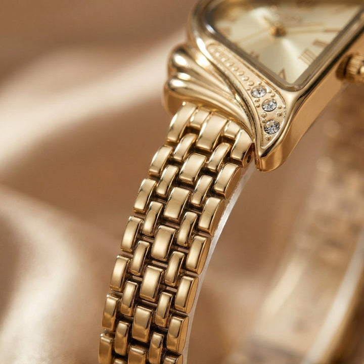 Unique irregular rhombus dial on an elegant women's quartz watch. Modern alloy timepiece, water resistant & stylish.