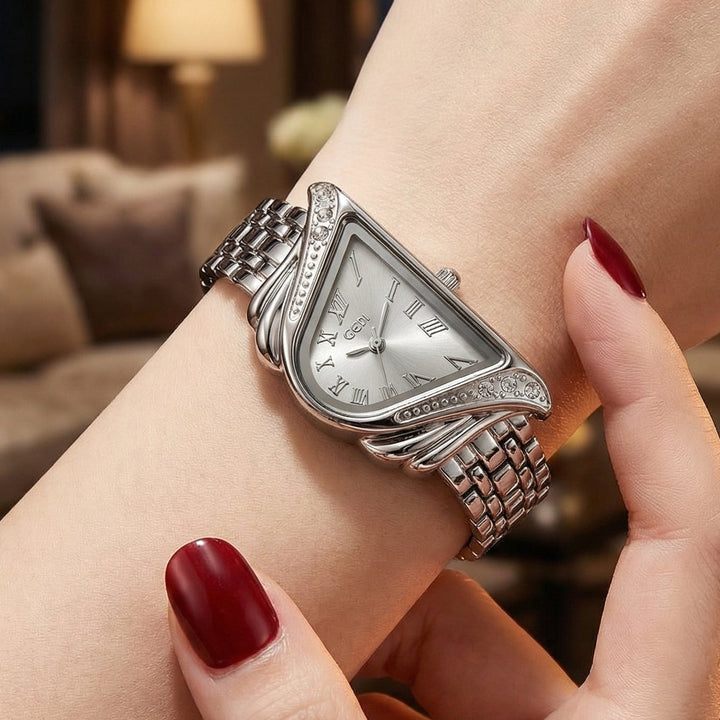 Women's elegant alloy quartz watch on wrist. Stylish irregular rhombus dial, perfect modern timepiece gift.