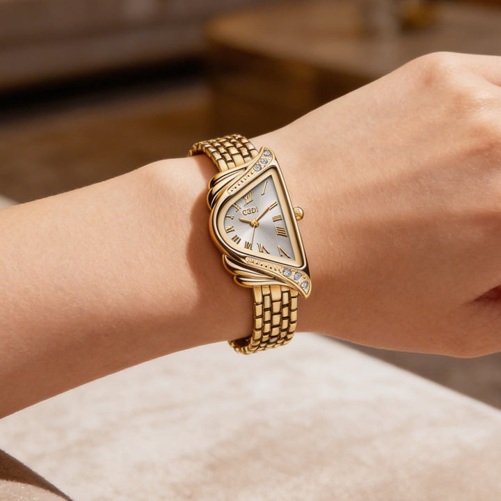 Sleek women's fashion watch with irregular rhombus dial. Quartz movement, durable water resistant alloy design.