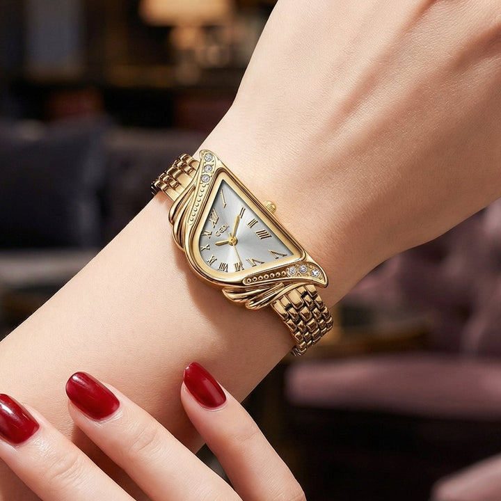 Sophisticated women's quartz watch, irregular rhombus dial design. Elegant alloy timepiece, luxury modern style.