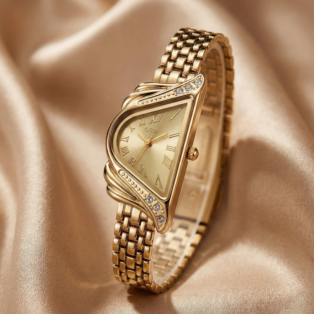 Elegant women's quartz watch with irregular rhombus dial. A luxury fashion timepiece, ideal gift for her.