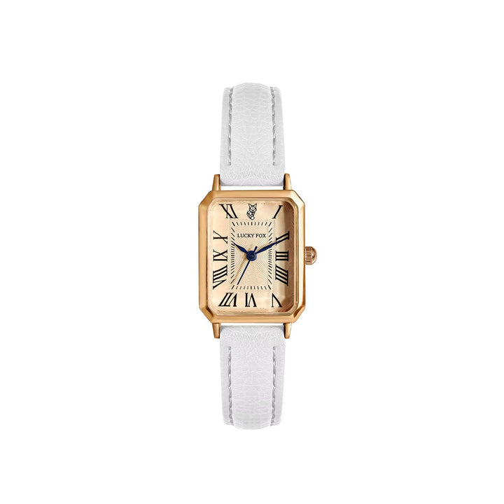 Modern classic women's rectangle watch, quartz movement, elegant white dial, and a black leather strap.