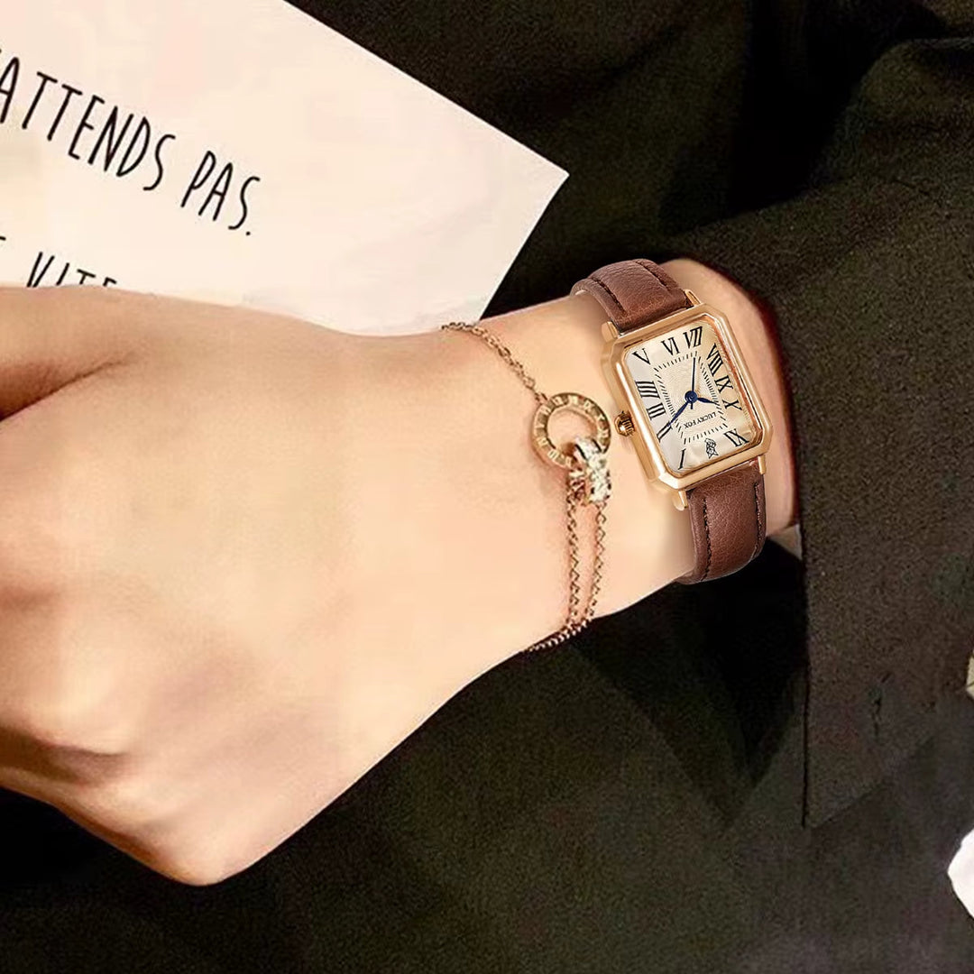 Classic women's watch featuring a rectangle face and a comfortable, durable leather strap.