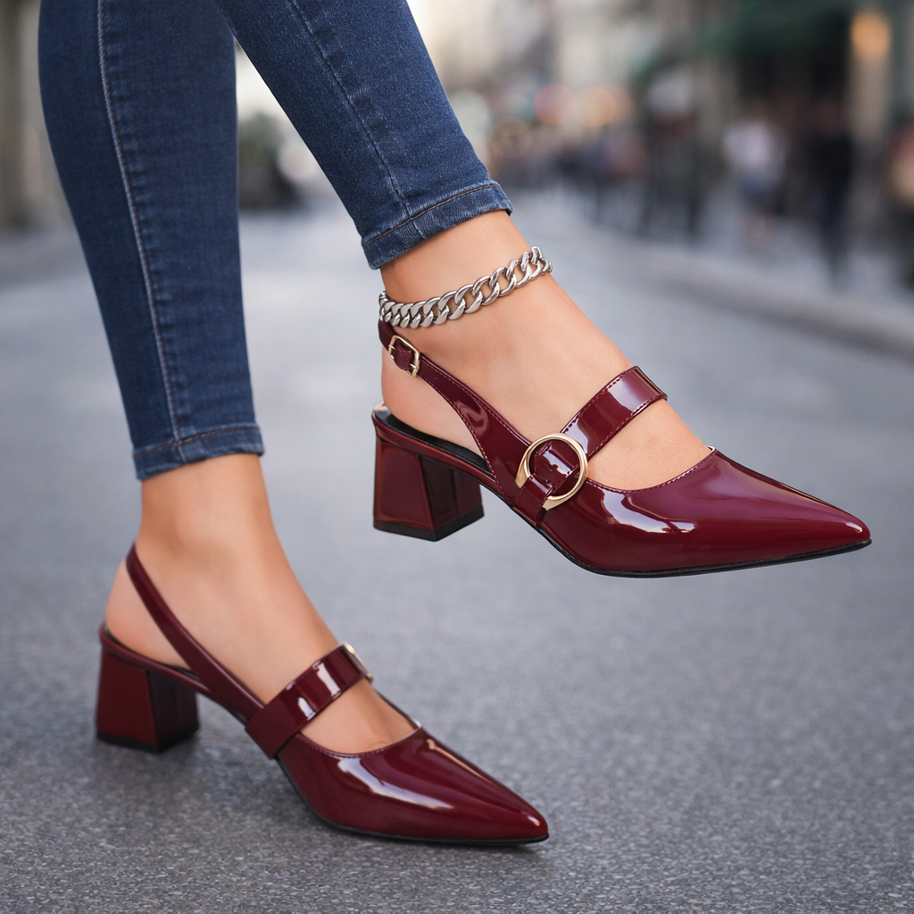 Elegant women's red block heels with buckle & pointed toe for comfort & workwear.