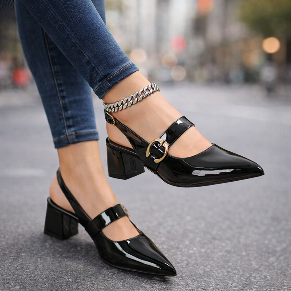 Comfortable navy buckle block heels for women, pointed toe, ideal for evening & fashion.