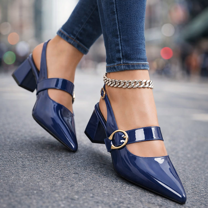 Black elegant block heels with orthopedic support & stylish buckle, perfect for work.