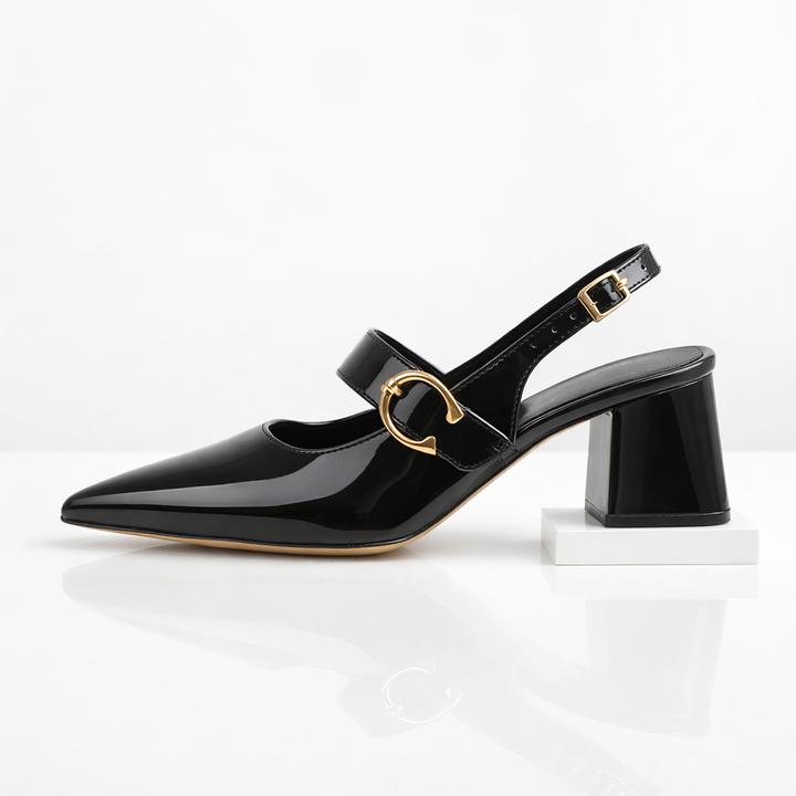 Stylish red women's block heels with an elegant buckle, perfect for evening wear & comfort.