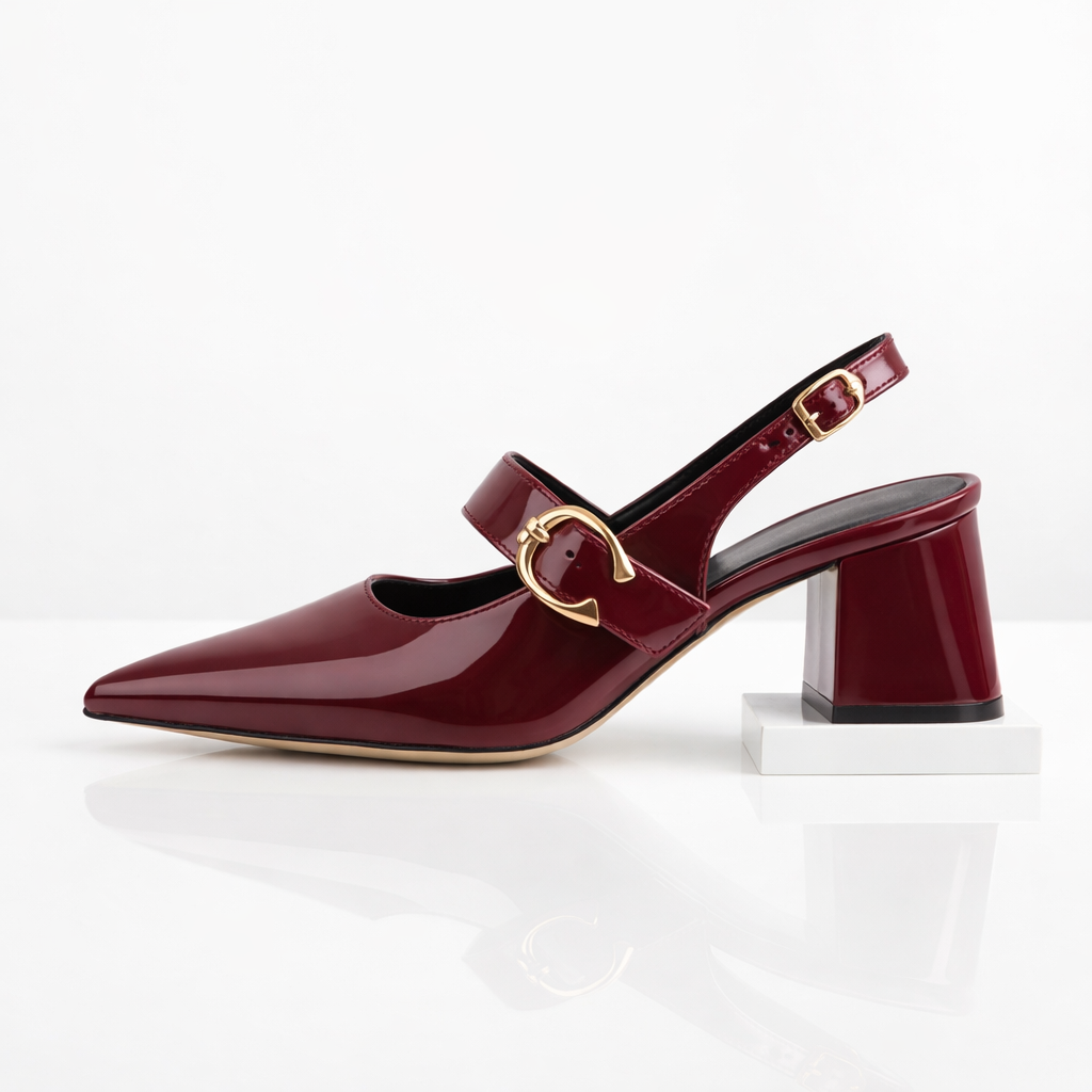 Navy buckle block heels for women, featuring a pointed toe & all-day orthopedic comfort.