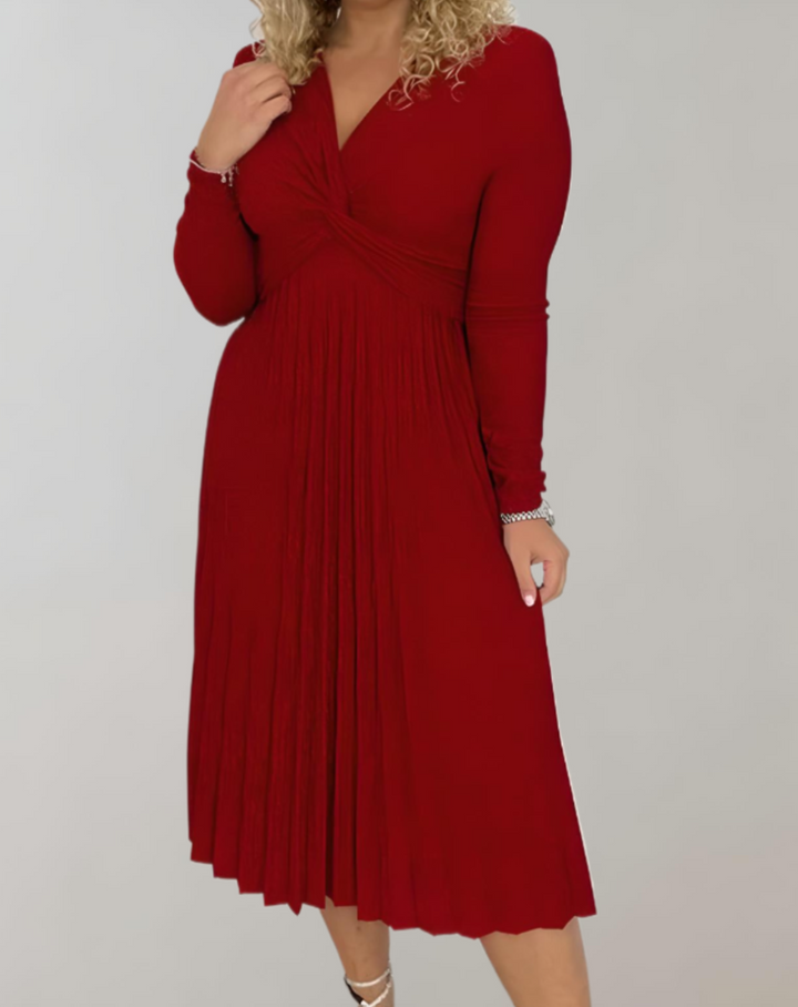 Elegant women's red high-waist midi dress with V-neck, long sleeves & flattering pleated skirt for sophisticated occasions.