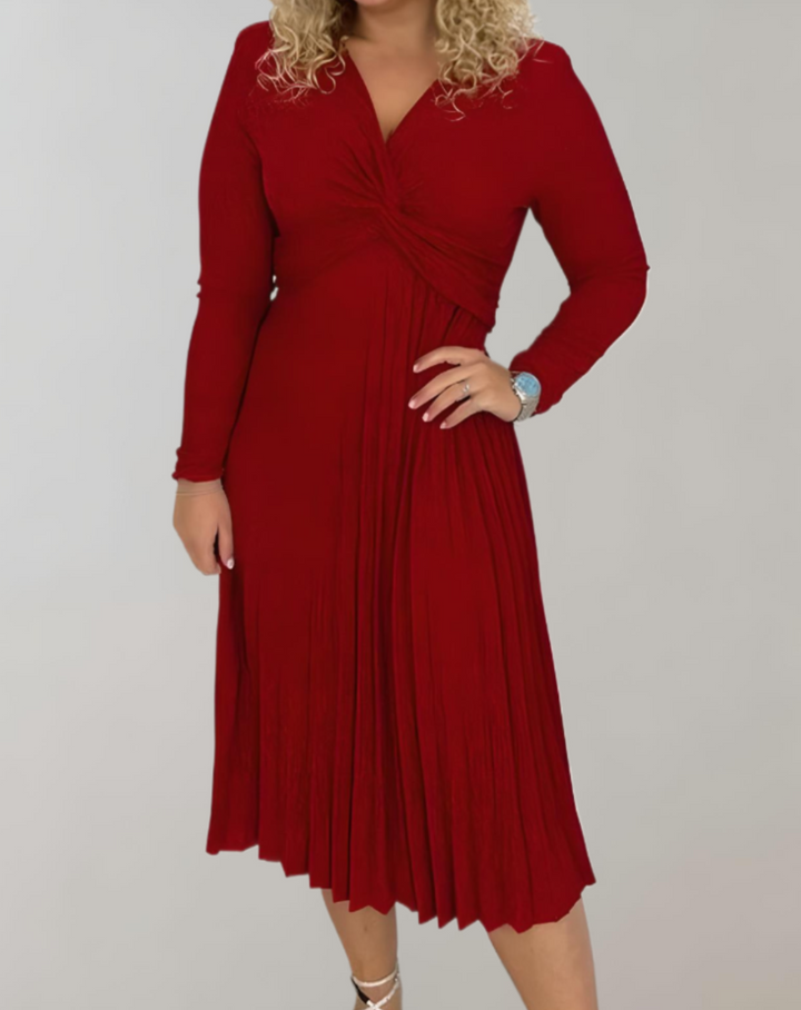 Classic red high-waist midi dress for women, ideal for parties & formal wear. Features V-neck & long sleeves.