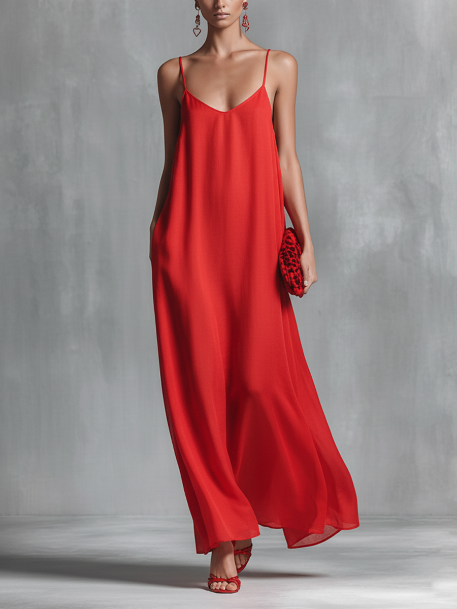 Elegant women's red V-neck spaghetti strap maxi dress, perfect for evening wear or special occasions.